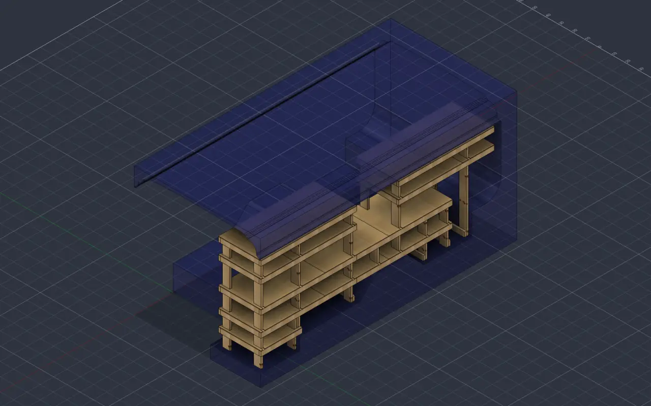 Rendering of the three-bay port-side shelving unit standing inside a translucent model of the bus body